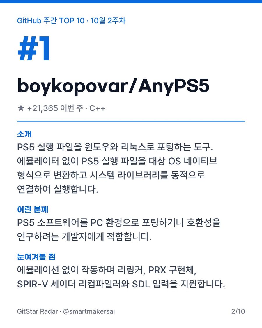 GitHub 주간 TOP 10 · 10월 2주차 2번째 카드